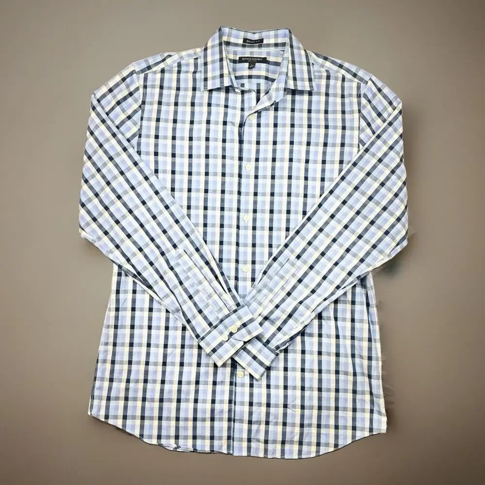 Banana Republic Grant Fit Non-Iron Plaid Button Shirt Men's L Blue 1644